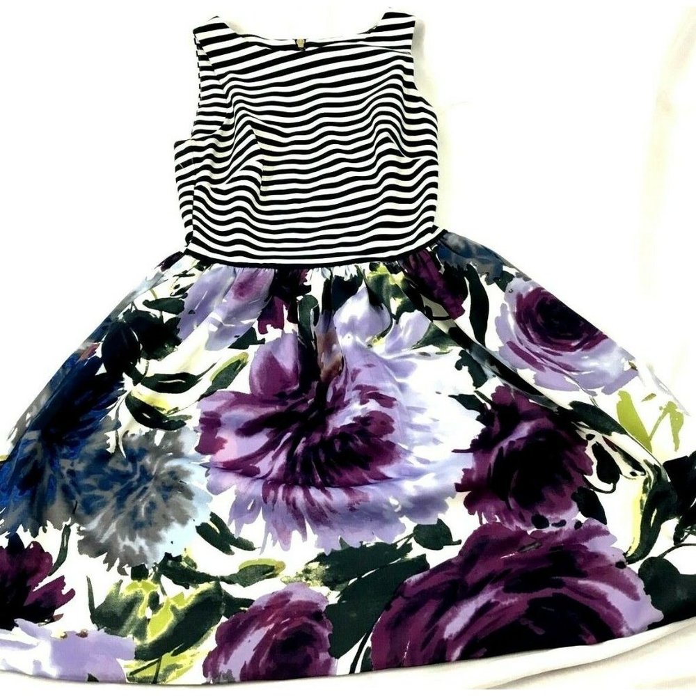 Women's Taylor Flower Printed Dress w/ Blue White Stripe on Top Size 6
